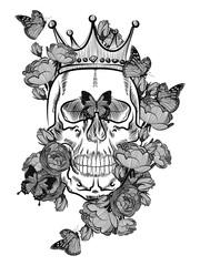 Romantic illustration of skull twined with roses. It can be used as a tattoo, as a print on clothes, as an illustration for poems or novel.