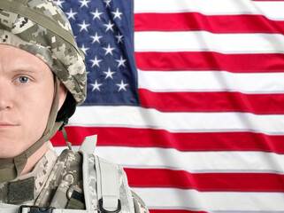Wall Mural - Male soldier and American flag on background, space for text. Military service