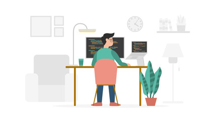 programming developer work from home with modern flat style and minimalist green color theme