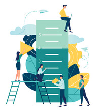 Business Concept Vector Illustration, Small People Measure How Many Have Reached The Goal, The Goal Has Reached The Level