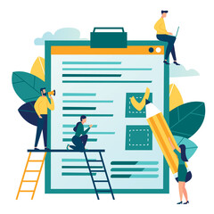 Vector illustration, little people fill out a form, modern concept for web banners, infographics, websites, printed products