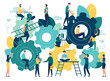 © Viktoria Kurpas - Business concept of vector illustration, little people links of mechanism, business mechanism, abstract background with gears, people are engaged in business promotion, strategy analysis, communicatio