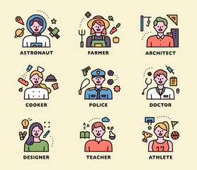 Wall Mural - characters and icons of various professions in outline style.