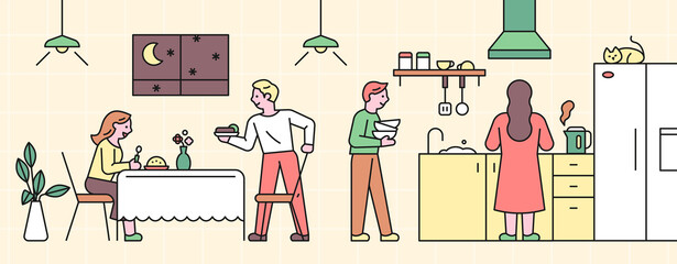 Wall Mural - people are having dinner together and cleaning together.