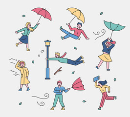 Wall Mural - flat design style minimal vector illustration. It was raining and typhoons blowing, so people who were wearing umbrellas were flying.