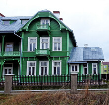 A Wooden Storied Residential Building Built At The Turn Of The 19th And 20th Centuries Called A Green Villa In The Village Of Różanystok In Podlasie, Poland