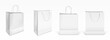 White paper shopping bags front and angle view. Vector realistic mockup of blank packet with handles isolated on white background. Template for corporate design on cardboard bag for store or market