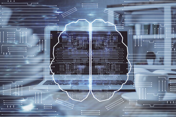 Wall Mural - double exposure of table with computer and brain hologram. data innovation concept.