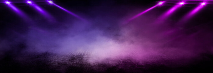 Wall Mural - Background of empty room with spotlights and lights, abstract purple background with neon glow
