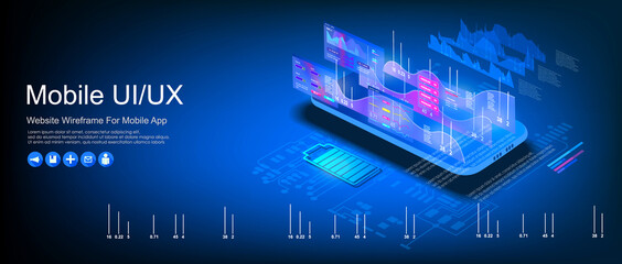 Wall Mural - Graph with data analysis and data statistics on an isometric mobile phone. Landing page design. Conceptual template. Vector Illustration