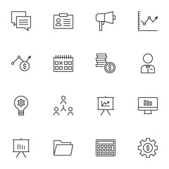 Sticker - Business and finance line icons set. linear style symbols collection, outline signs pack. Universal business vector graphics. Set includes icons as money, dollar rate, calendar, presentation screen