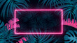 Neon glowing rectangle frame appears in the tropical forest background with space for custom text design