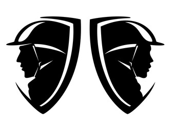 horse rider head in heraldic shield - male and female jockey representing equestrian sport black and white vector design set