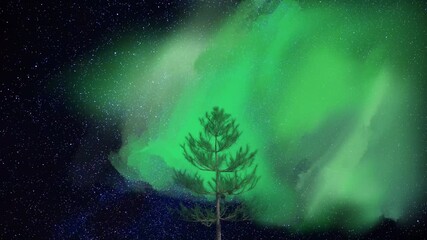 イラスト　オーロラを仰ぎ見る大木 illustration a large tree looking up to the aurora