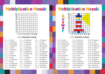 Multiplication Mosaic Math Puzzle Worksheet. Educational Game. Coloring Book Page Mathematical Game. Pixel Art. 