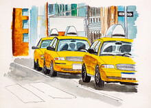 New York Street Scene Illustration. Hand Drawn Watercolor Sketch, Manhattan With, Cars, Taxis, Traffic Lights. Postcards Design. Lettering. Yellow Cabs.