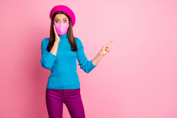 Wall Mural - Portrait of her she nice trendy modern scared afraid healthy girl wearing safety gauze mask demonstrating advice mers sars cov ncov-2 copy space isolated over pink pastel color background