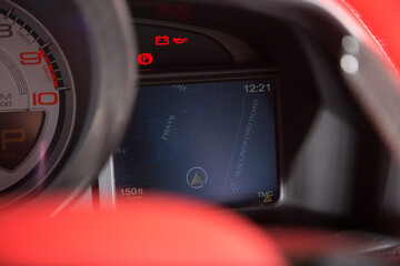 Close up of sta nav in supercar