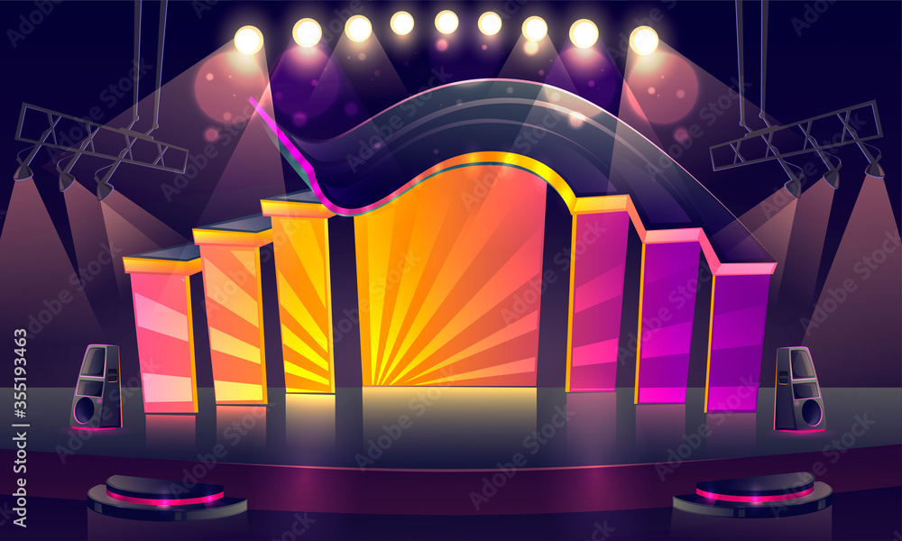 Concert stage with bright decoration and spotlights. Vector cartoon illustration of empty scene for rock festival, show, performance or presentation. Podium stage with truss, music and light equipment - obrazy, fototapety, plakaty 