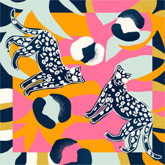 Silk scarf design. Creative contemporary collage with leopards. Fashionable template for design.