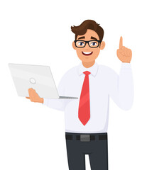 Smiling young business man holding new brand laptop and pointing finger up. Person gesturing idea/solution. Male character design illustration. Modern lifestyle, digital technology in vector cartoon.