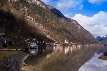 Hallstatt - UNESCO Heritage village against mountain and lake in winter. It`s most popular, romance and dream of destination for many tourists.