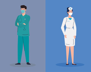 female and male nurse and doctor with uniforms and masks vector design