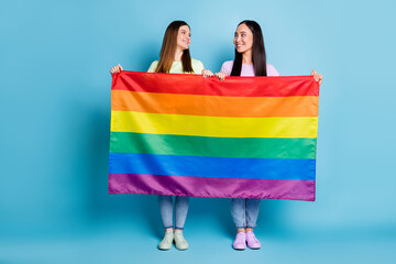 Poster - Full body photo of funny tricky lesbians couple visit foreign parade support same sex marriages hold gay rainbow flag look eyes wear casual t-shirts jeans isolated blue color background