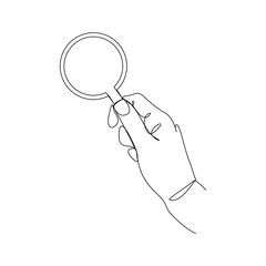 Wall Mural - Continuous line drawing of hand holding magnifying glass . Vector illustration