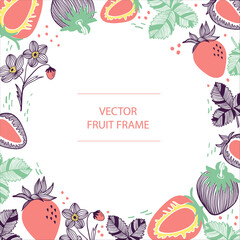 Wall Mural - Fruit strawberry text circle round frame hand drawn flat template. Vector design with botanical illustration of red strawberry. For business, posters, covers, web and flyer print
