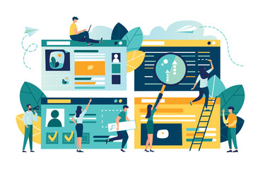 Flat vector illustration, web site development, teamwork, website coding, SEO concept, search engine, design for mobile and web graphics