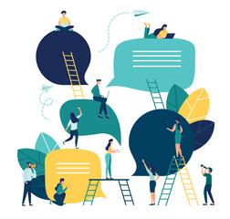 Wall Mural - vector flat illustration, a group of people communicates through the internet social networks, the c