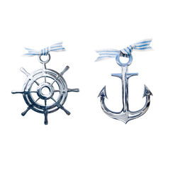 Wall Mural - garland in marine style: anchors and steering wheel on a striped ribbon