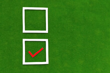 Voting, Selection, Red Check Mark. Form To Fill In On A Green Background.
