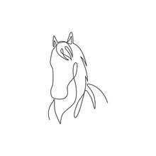 One Single Line Drawing Of Beauty Elegance Horse Head For Company Logo Identity. Cute Pony Horse Mammal Animal Symbol Concept. Trendy Continuous Line Draw Design Vector Graphic Illustration