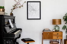 Modern Composition Of Home Interior With Stylish Black Piano, Design Cabinet, Cacti, Flower, Lamp, Decoration, Mock Up Poster Map And Elegant Personal Accessories In Stylish Home Decor.