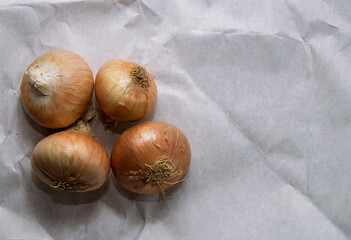 4 onions lie on a white crumpled background