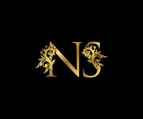 Classy Gold letter N, S  and NS Vintage decorative ornament letter stamp, wedding logo, classy letter logo icon.