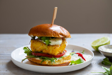 Wall Mural - Turmeric fish burger in brioche bun