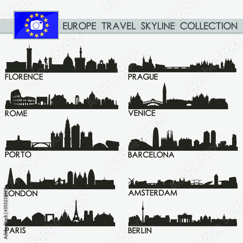 Skyline travel. Силуэты европейских городов. Европа силуэт. Города Европы контур. Силуэт города Шымкент вектор.