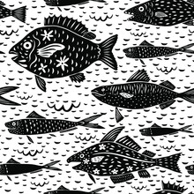Red Snapper In Modern Cartoon Folk Style Seamless Pattern. Isolated Sardines, Fish Silhouettes On White Background, Vector Illustration For Restaurant Menu, Marine Decor.