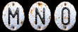 3D render set of capital letters M, N, O made of forged metal on the background fragment of a metal surface with cracked rust.