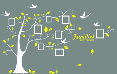 Vector illustration of family photo tree and flying birds