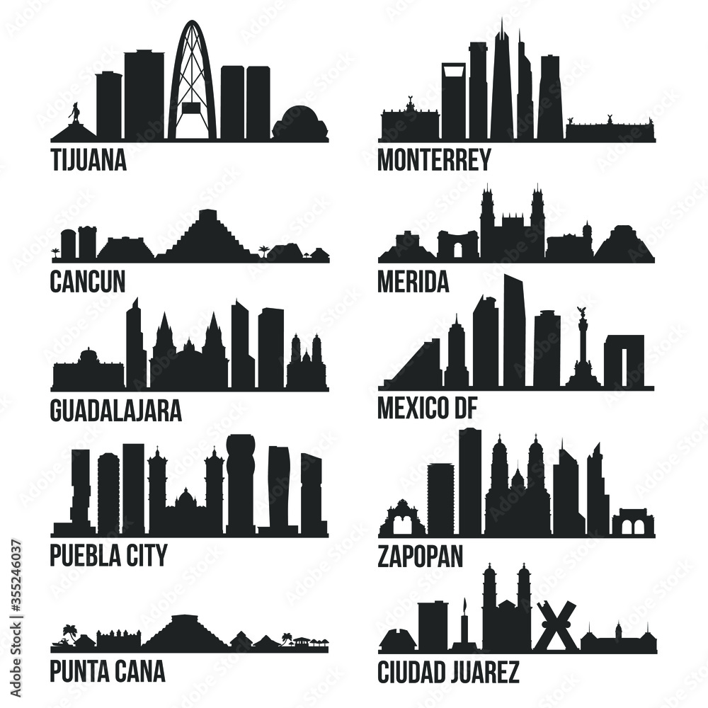 Mexico Cities Most Famous Skyline City Silhouette Design Collection Set mexico-cities-most-famous-skyline-city-silhouette-design-collection-set