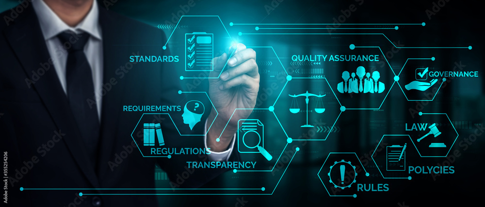 Compliance rule law and regulation graphic interface for business quality policy planning to meet international standard. - obrazy, fototapety, plakaty 