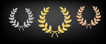 Award Laurel Set - First, Second And Third Place. Winner Template. Symbol Of Victory And Achievement. Gold Laurel Wreath. Realistic Vector Object Isolated