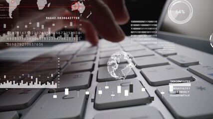 Wall Mural - man working on laptop computer keyboard with graphic user interface gui hologram showing concepts of