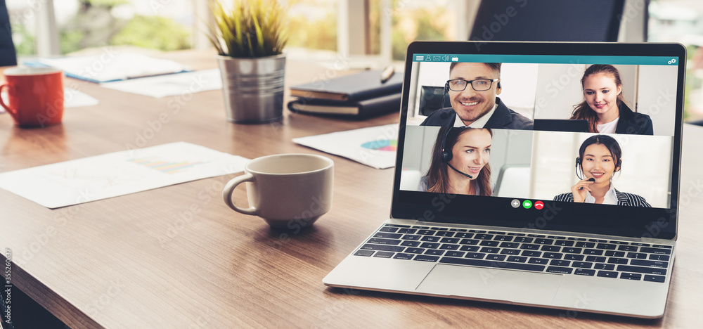 Video call business people meeting on virtual workplace or remote office. Telework conference call using smart video technology to communicate colleague in professional corporate business. - obrazy, fototapety, plakaty 