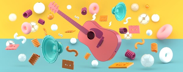 Wall Mural - Pink guitar and blue speakers amid balls and tape on a green and yellow backdrop.