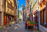 Fototapeta Uliczki - Street with timber framing houses in Rouen, Normandy, France. Architecture and landmarks of Rouen. Cozy cityscape of Rouen